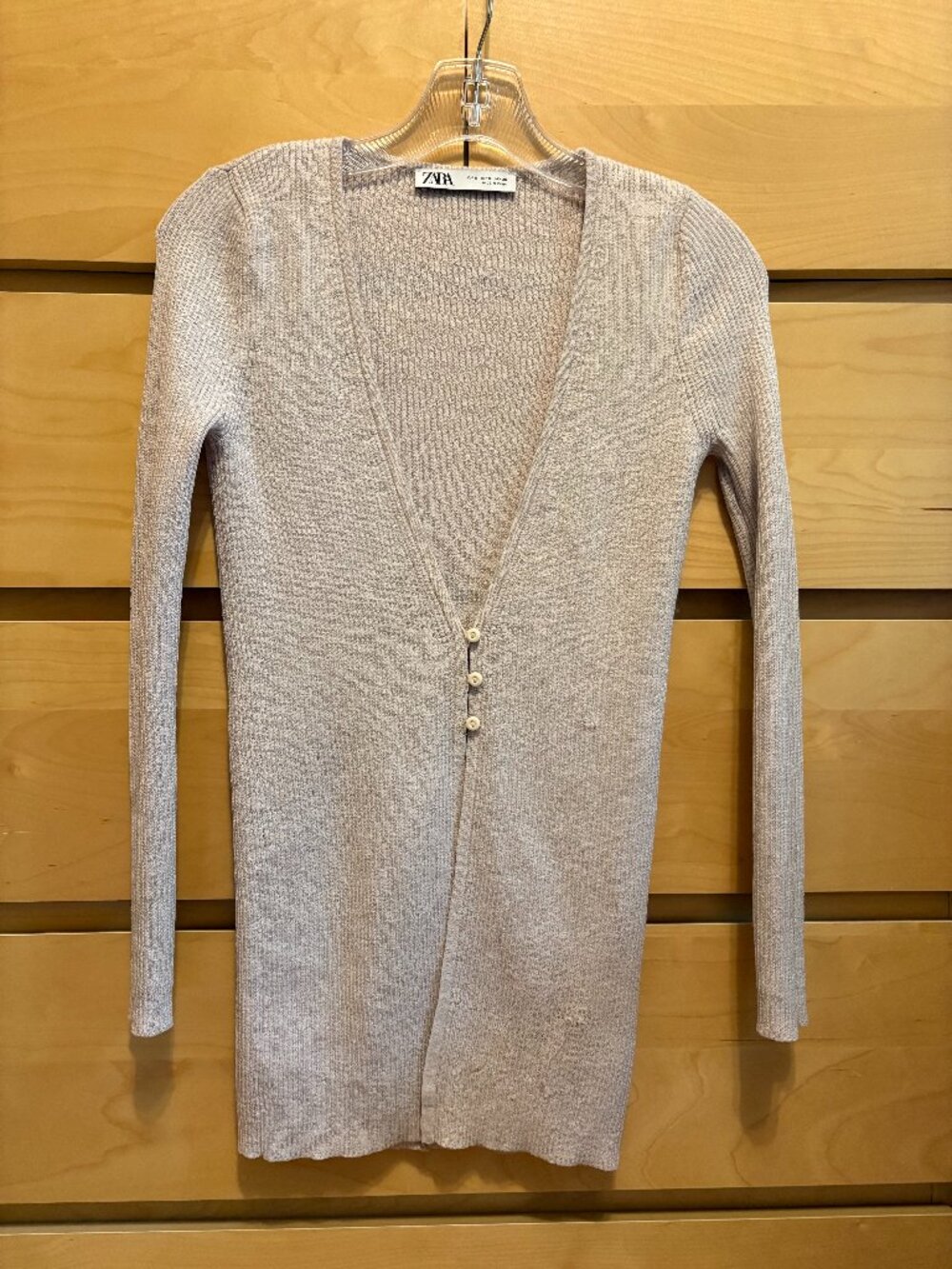 ZARA TAUPE KNIT RIBBED CARDIGAN SWEATER, GREAT CONDITION SIZE: SMALL